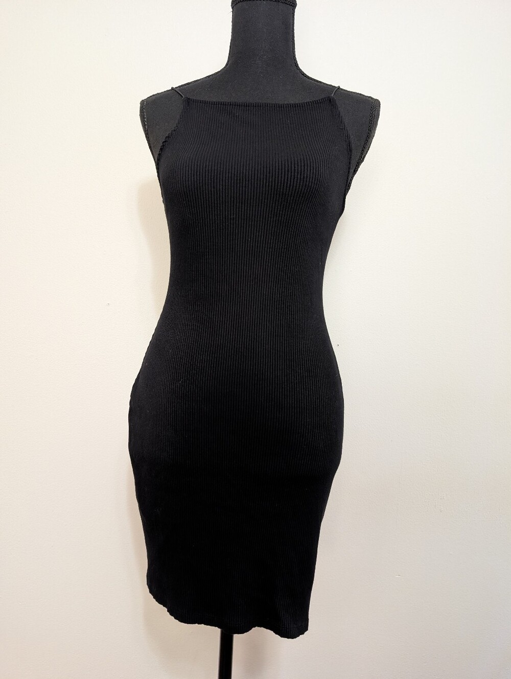 H&M Black Ribbed Mini Dress Sleeveless High Neck LBD Size S